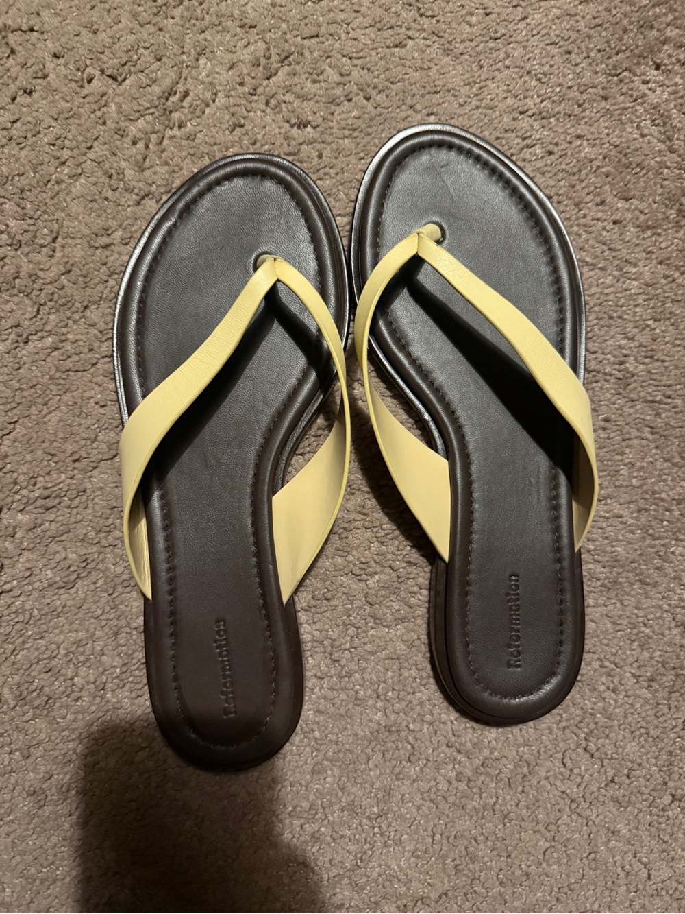 Reformation Yellow Strap Black Footbed Flip Flops